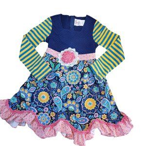 COUNTING DAISIES dress ~ girls 8 ~ navy bodice, floral paisley skirt